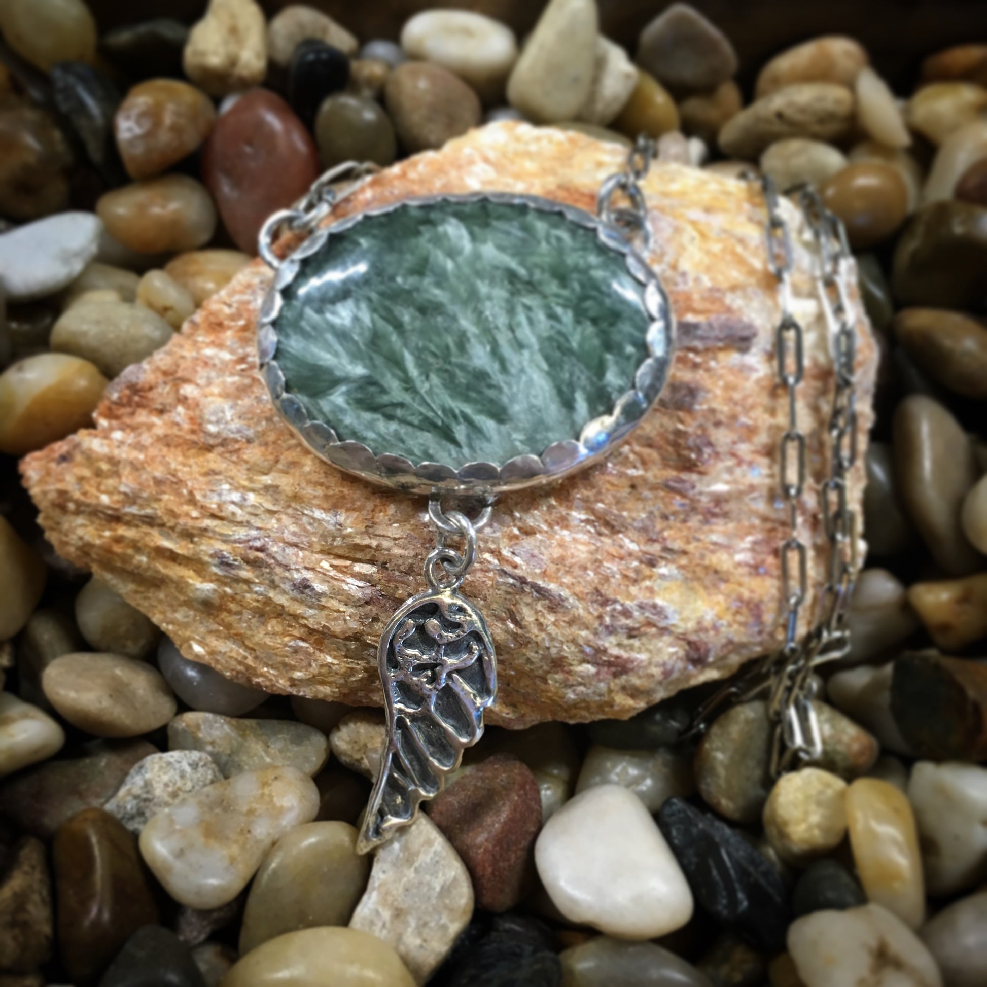 JESSICA PENDANT   This handmade necklace is made from a Seraphinite cabochon set in Argentium Sterling Silver.  